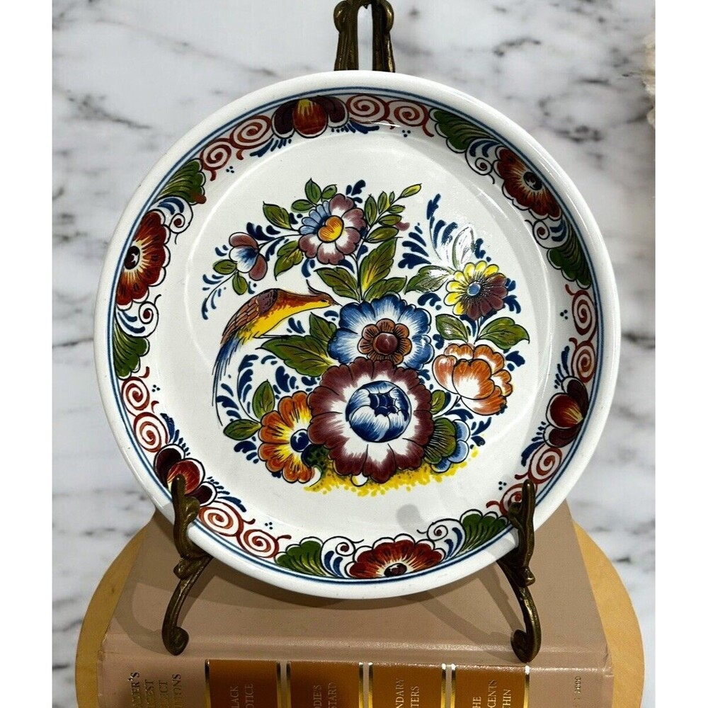 Vtg Delft Colorful Hand Painted Bird and Flowers Decorative Wall Plate 7.5"